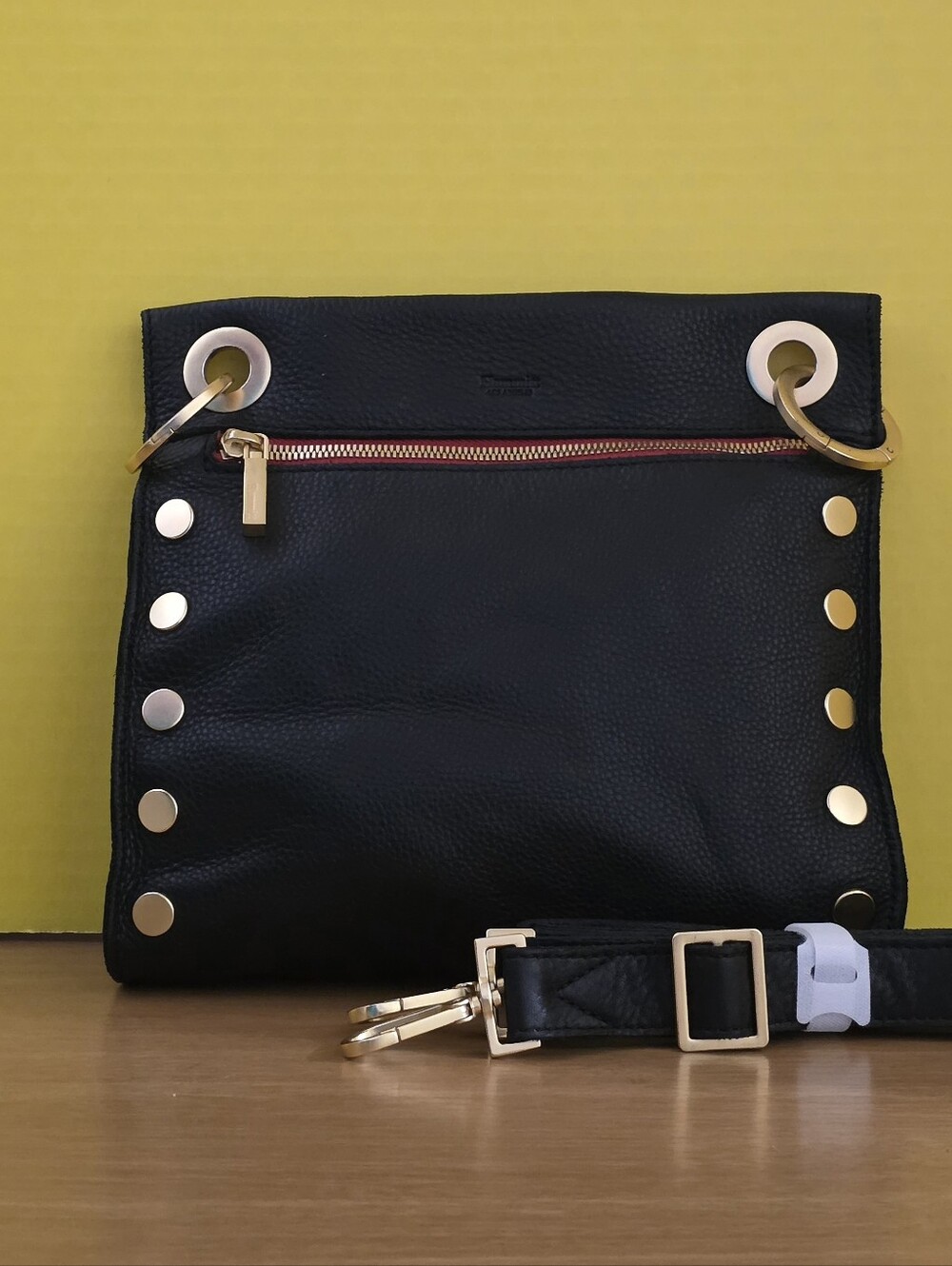 Hammitt Black Leather MD Tony Crossbody Bag with Gold Stud Accents